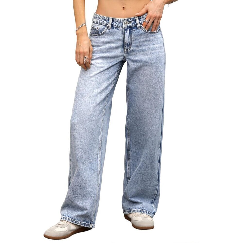 Women's Low-Rise Baggy Jeans Cotton Blend High Stretch Wide Leg Style - Picture 1 of 6